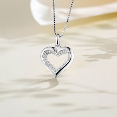 925 Sterling Silver Heart Necklace Inlayed with Cubic Zirconia