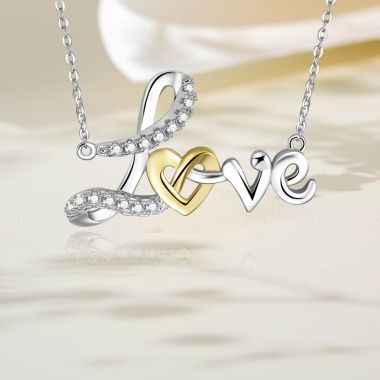 925 Sterling Silver "Love" Pendant Necklace for Mom Inlayed with Cubic Zirconia